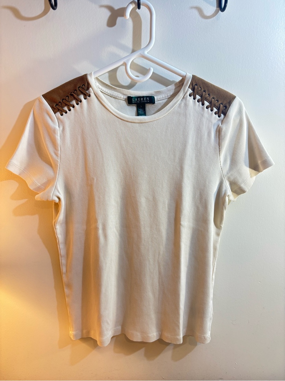 Ralph Lauren Cream Short Sleeve Tee with Brown Lace-Up Shoulder Panels